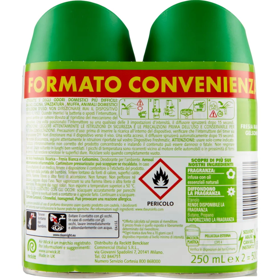 Air Wick Freshmatic Ricarica Bipacco Fresia Bianca e Gelsomino Profumatore 2x250ml