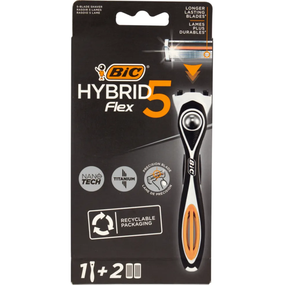 Bic Hybrid Flex 5 Rasoio 5 Lame Manico + Ricariche 2 Pezzi