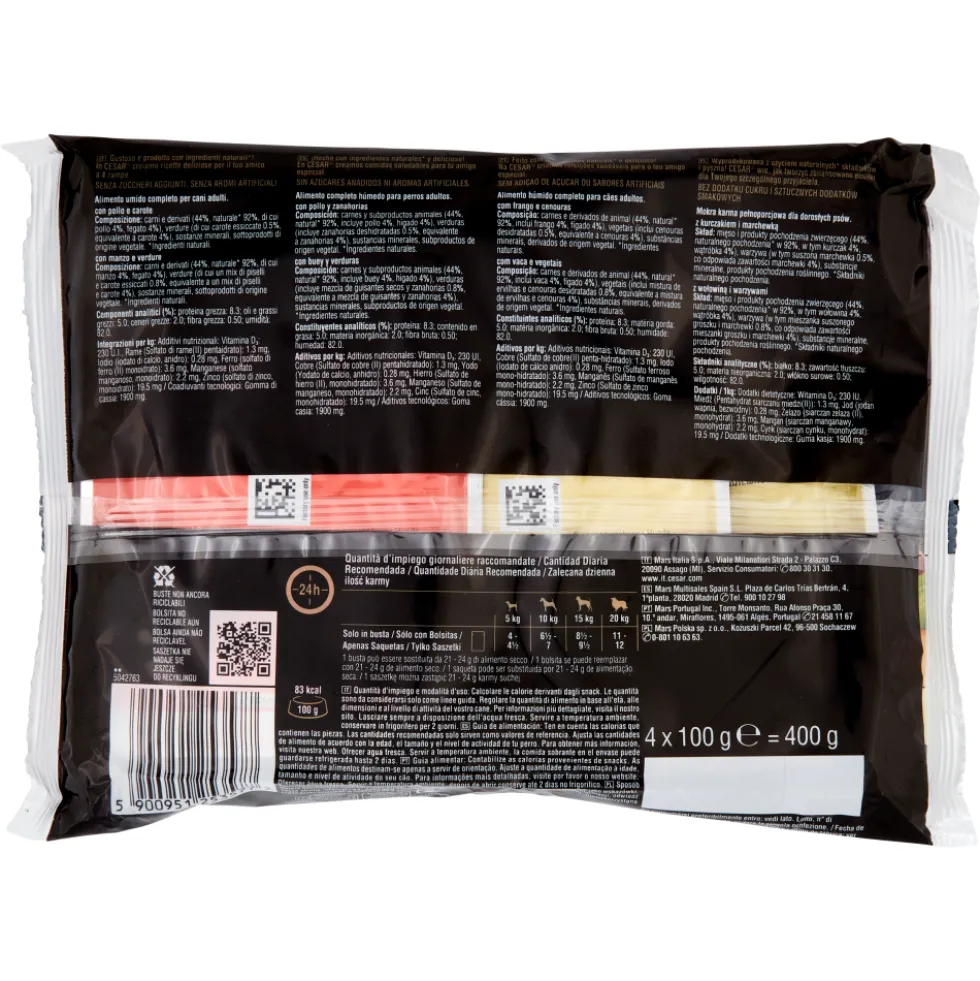 Cesar Dog Delizie del Giorno Multipack Pollo e Carote e Manzo e Verdure in Gelatina 4x100 gr