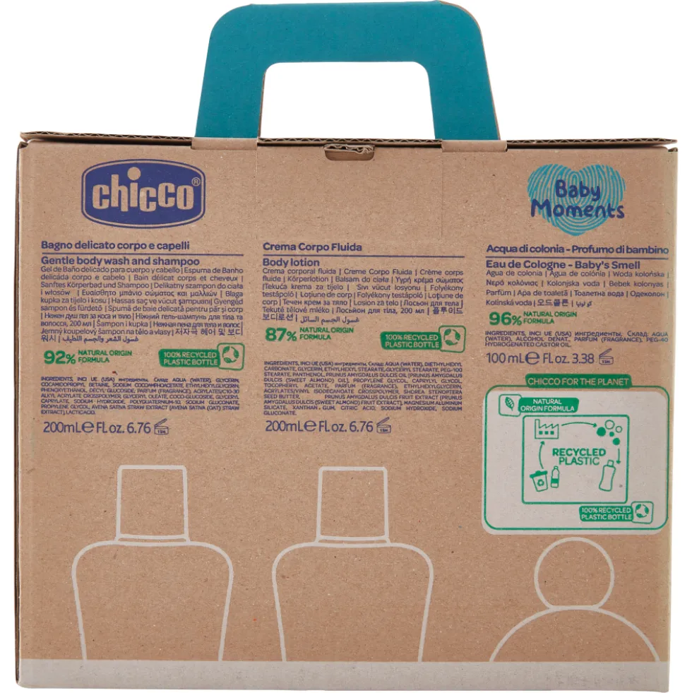 Chicco Baby Moments Set Crema Corpo 200 ml + Acqua di Colonia 100 ml + Bagno Delicato Corpo & Capelli 200 ml