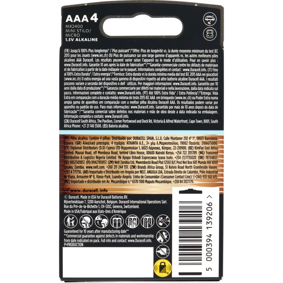 Duracell Optimum AAA Batterie Stilo Alcaline 1.5 V LR03 MX2400 Confezione da 4