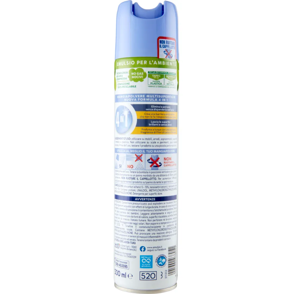 Emulsio Mangia Polvere l'Antistatico Multi Superficie 4 in 1 Fiori di Loto e Cotone 300 ml
