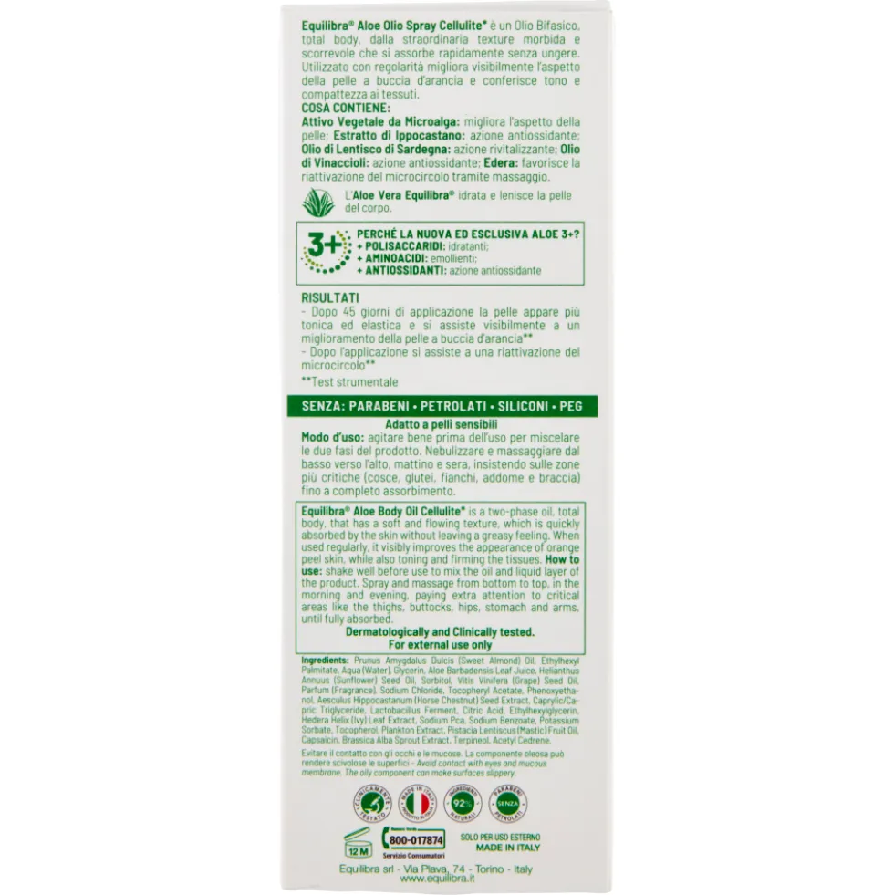Equilibra Aloe 3+ Olio Spray Cellulite Concentrato Bifasico 150 ml