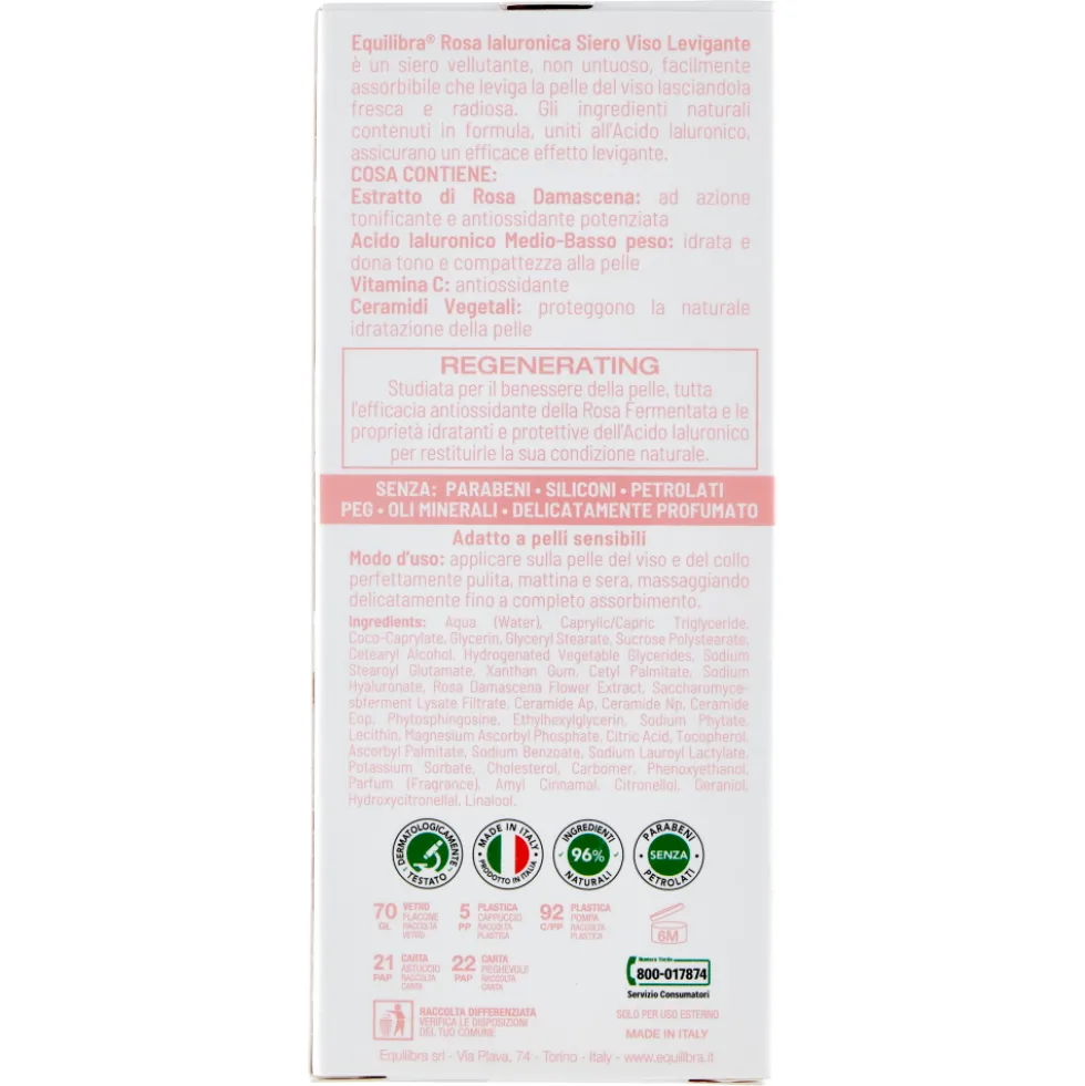 Equilibra Rosa Ialuronica Siero Viso Levigante 30 ml