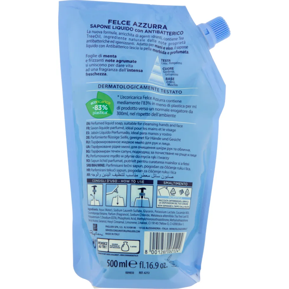 Felce Azzurra Antibatterico Menta e Lime Sapone Liquido Ecoricarica 500 ml
