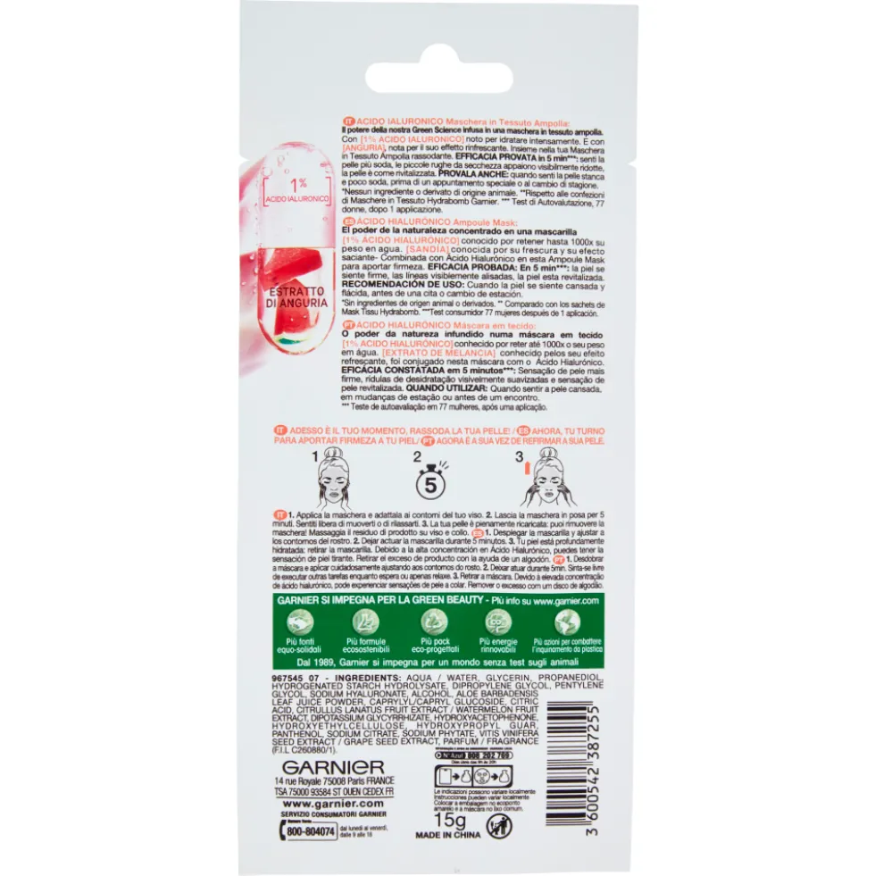 Garnier Maschera in Tessuto Ampolla Estratto di Anguria e Acido Ialuronico Contro i Segni dell'Età