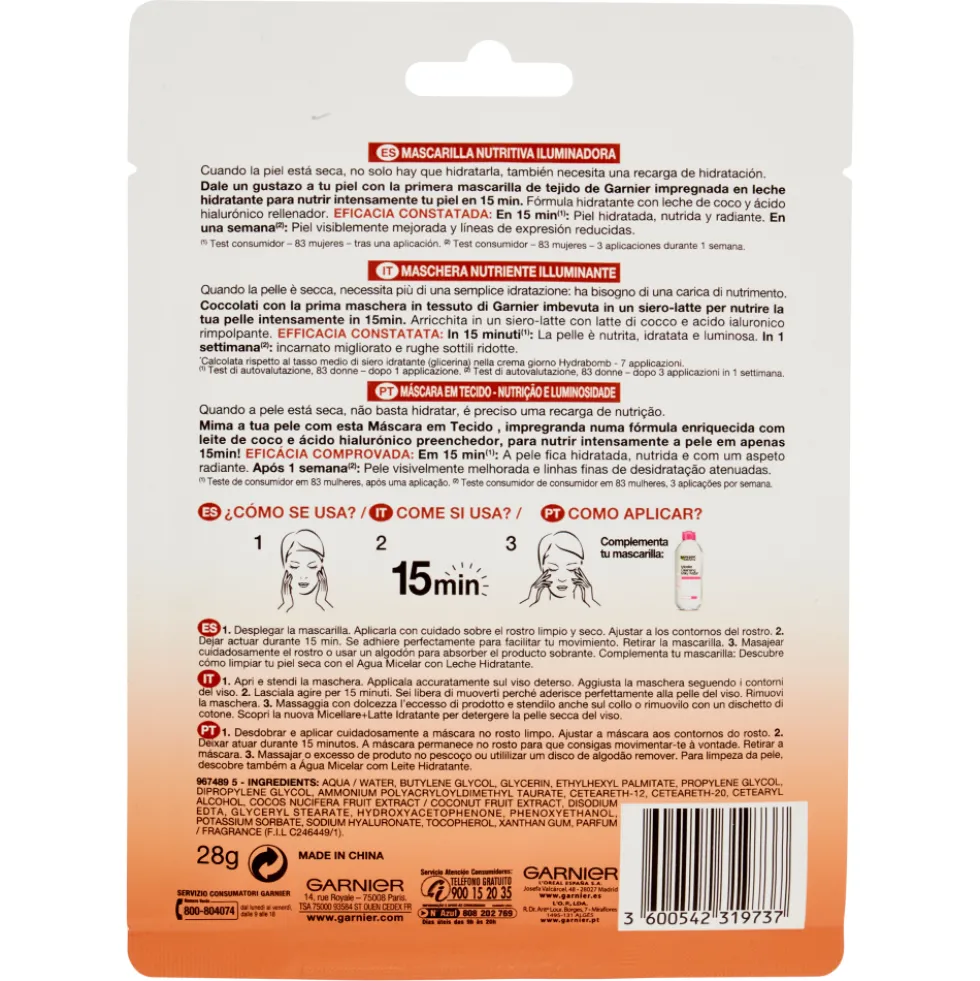 Garnier Nutribomb Maschera in Tessuto Nutriente Illuminante al Latte di Cocco
