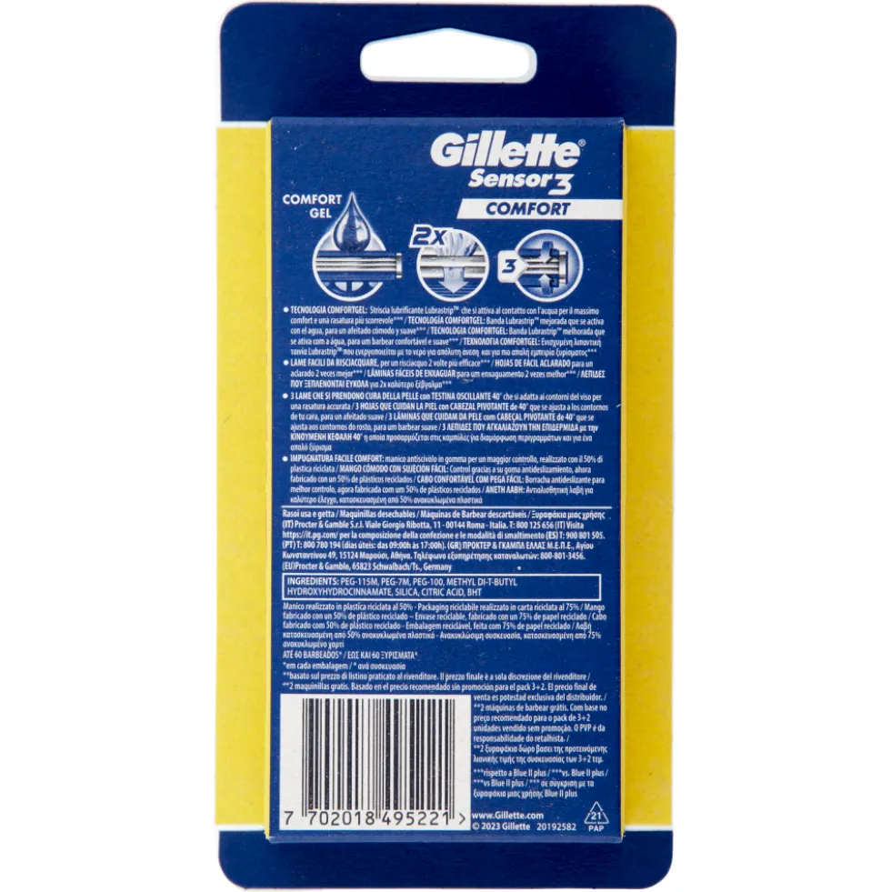 Gillette Sensor 3 Comfort Rasoio da Uomo Usa e Getta 3 Rasoi + 2 Gratis