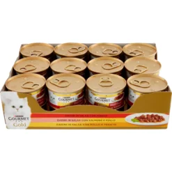 Gourmet Gold Dadini in Salsa con Manzo, con Salmone e Pollo, con Pollo e Fegato 85 g 24 Pezzi