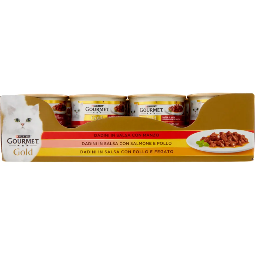 Gourmet Gold Dadini in Salsa con Manzo, con Salmone e Pollo, con Pollo e Fegato 85 g 24 Pezzi