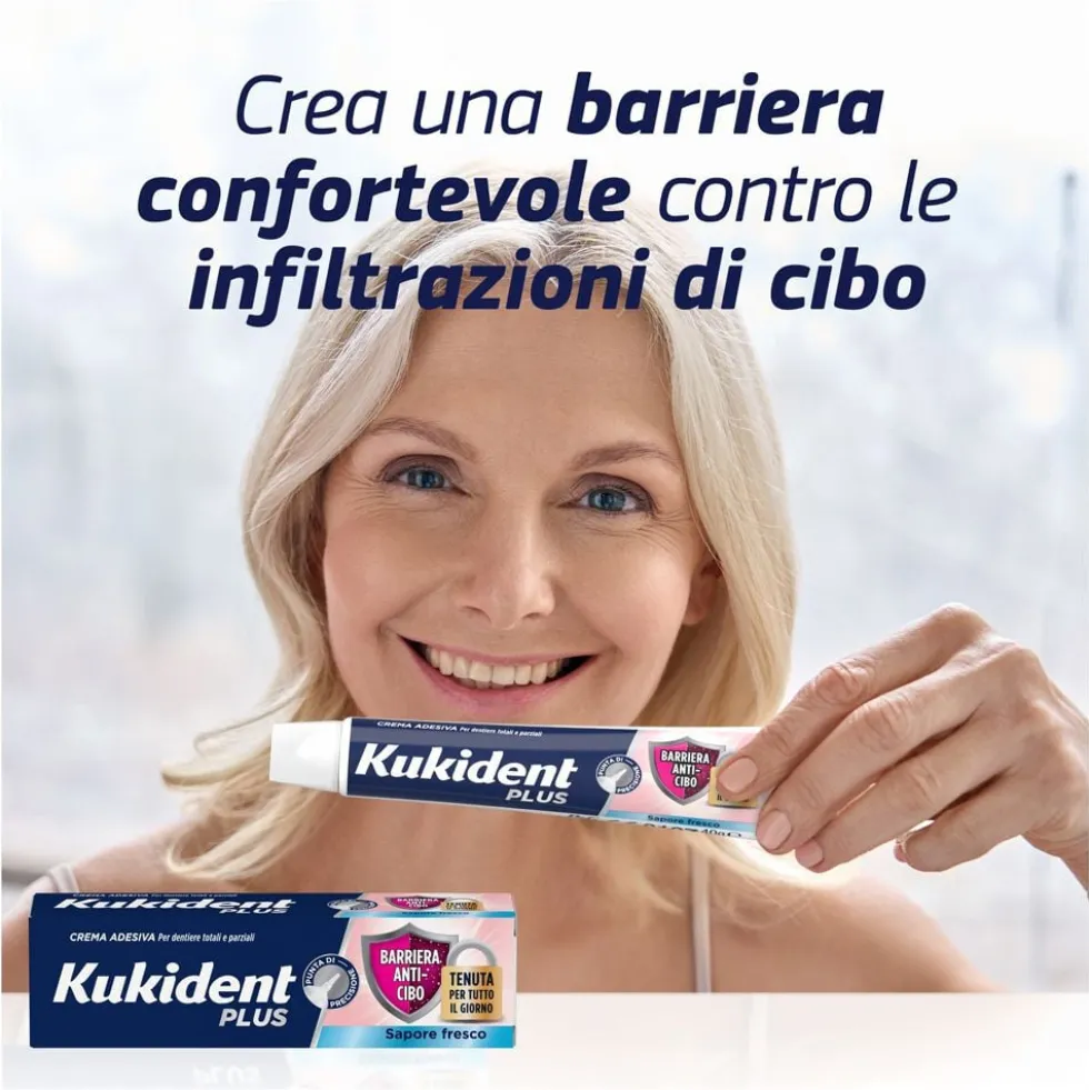 Kukident Plus Barriera Anti-Cibo Sapore Fresco Crema Adesiva per Dentiere 40 g