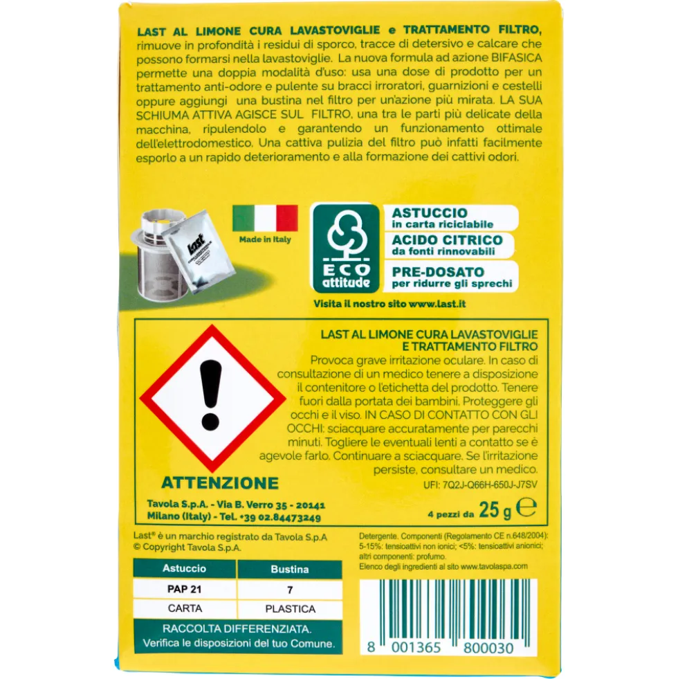 Last Cura Lavastoviglie e Trattamento Filtro al Limone 4 x 25 g
