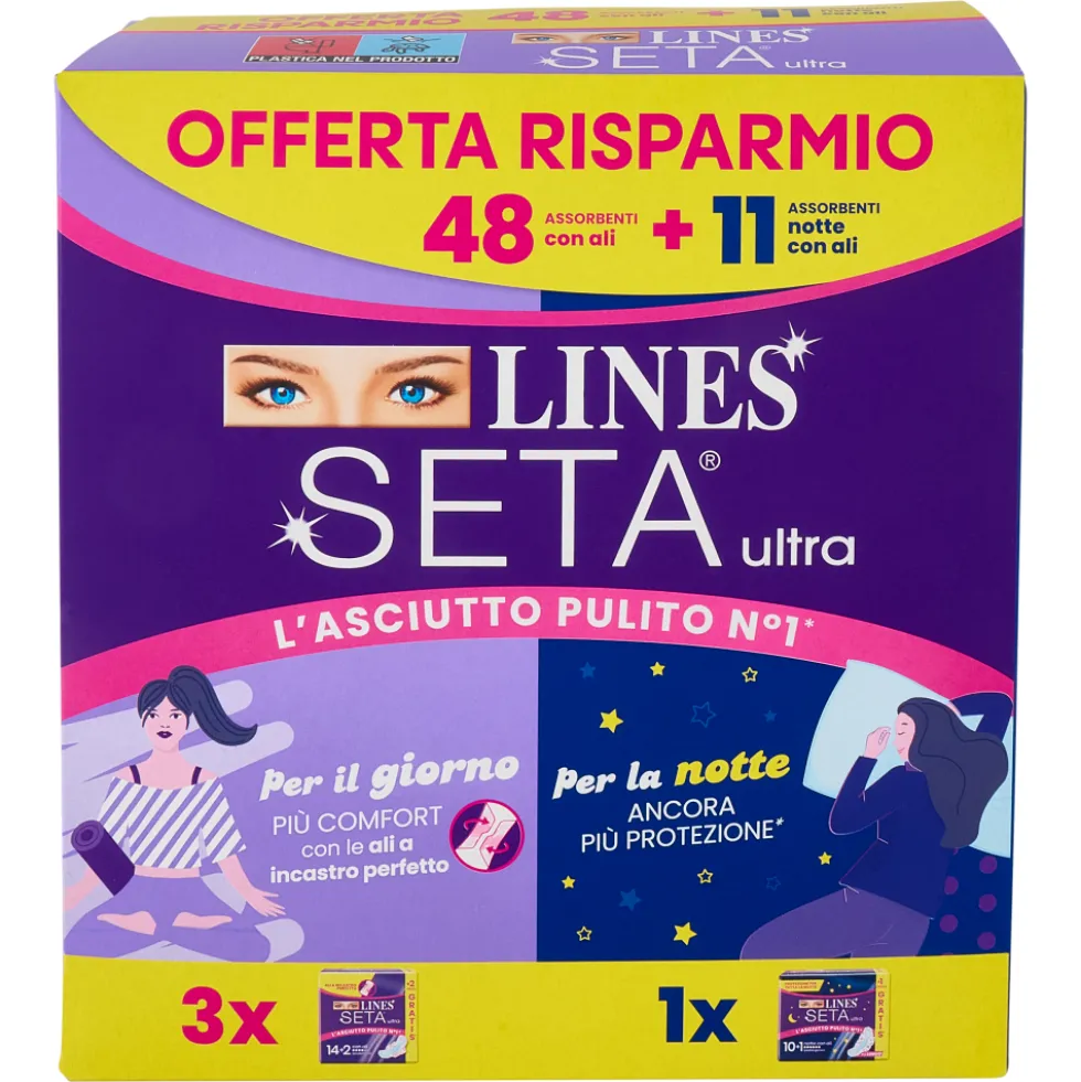 Lines Seta Ultra Assorbenti con Ali 48 Pezzi + Assorbenti Notte con Ali 11 Pezzi