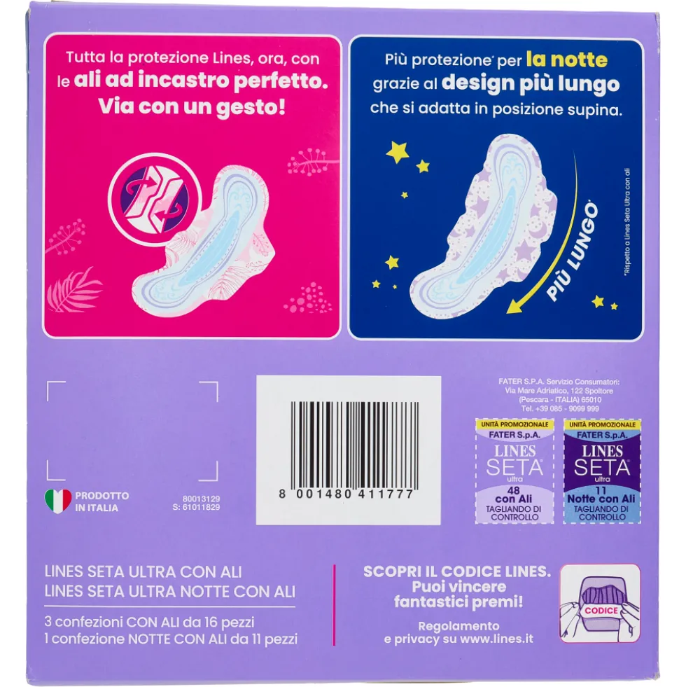 Lines Seta Ultra Assorbenti con Ali 48 Pezzi + Assorbenti Notte con Ali 11 Pezzi