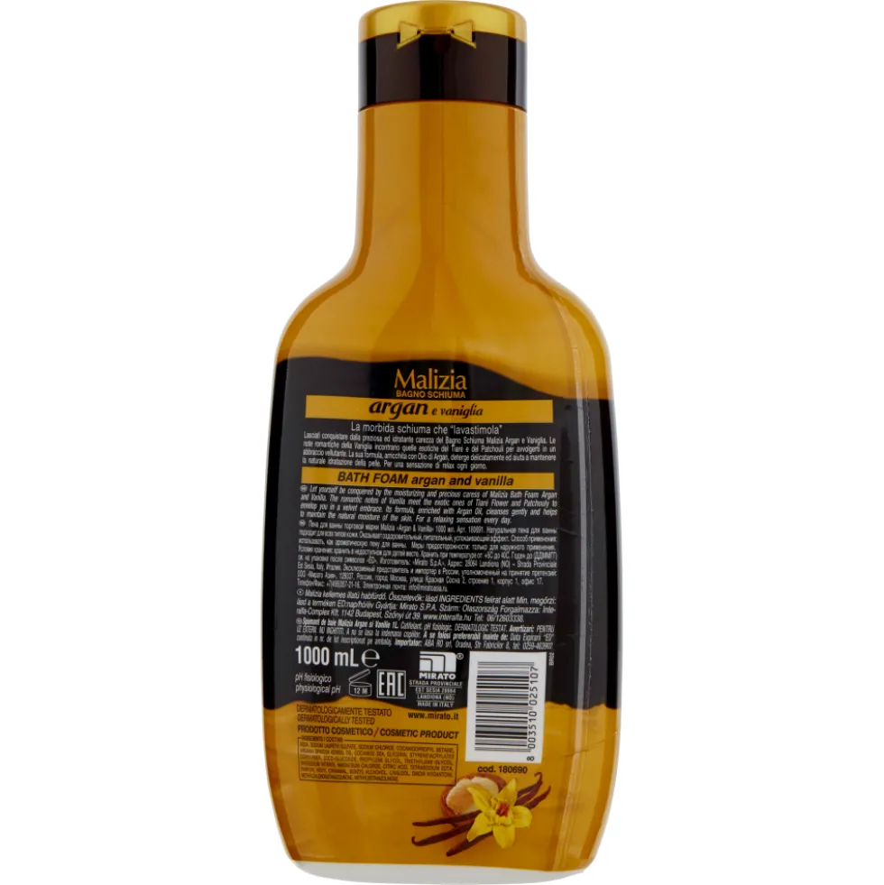 Malizia Bagno Schiuma Argan e Vaniglia 1000 ml