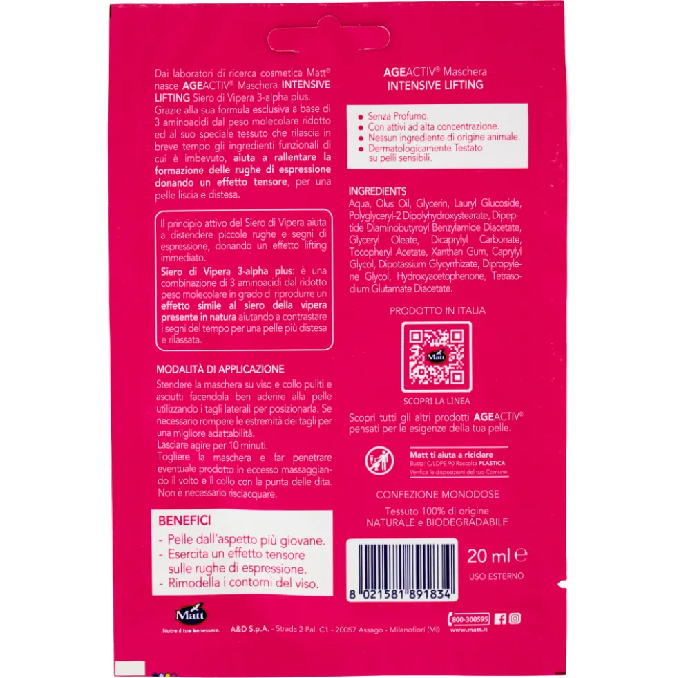 Matt Age Activ Intensive Lifting Maschera in Tessuto Viso e Collo Siero di Vipera 3 Alpha Plus 20 ml