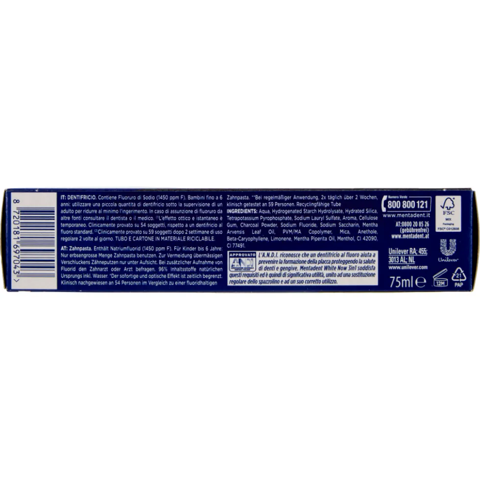 Mentadent White Now 3 in1 White Boost con Carbone Attivo 75 ml