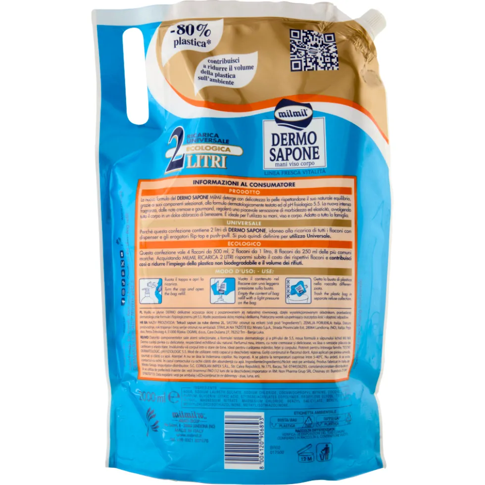 Milmil Dermo Sapone Delicatezza Avvolgente Ricarica Universale Ecologica 2 Litri