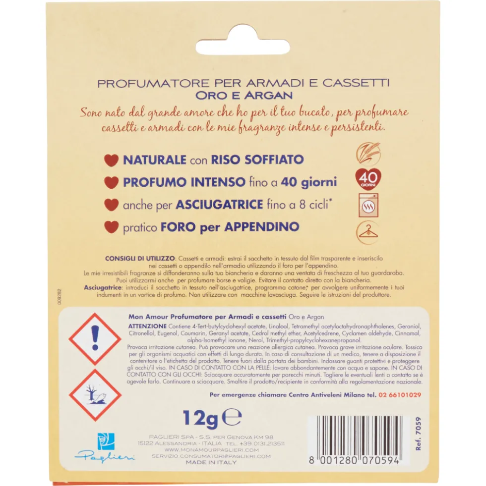 Mon Amour Oro e Argan Profumatore per Armadi e Cassetti 12 g
