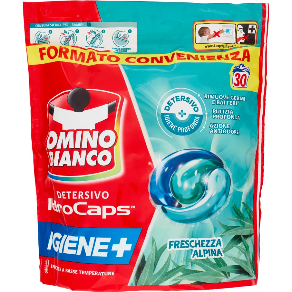 Omino Bianco Detersivo IdroCaps Igiene+ Freschezza Alpina 30 Pezzi