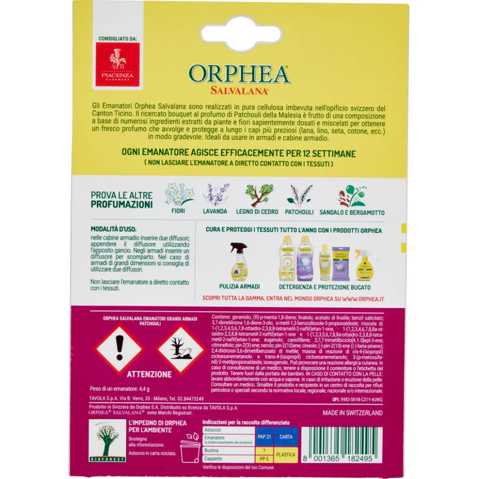 Orphea Salvalana Emanatori Grandi Armadi al Profumo di Patchouli della Malesia 2 Pezzi