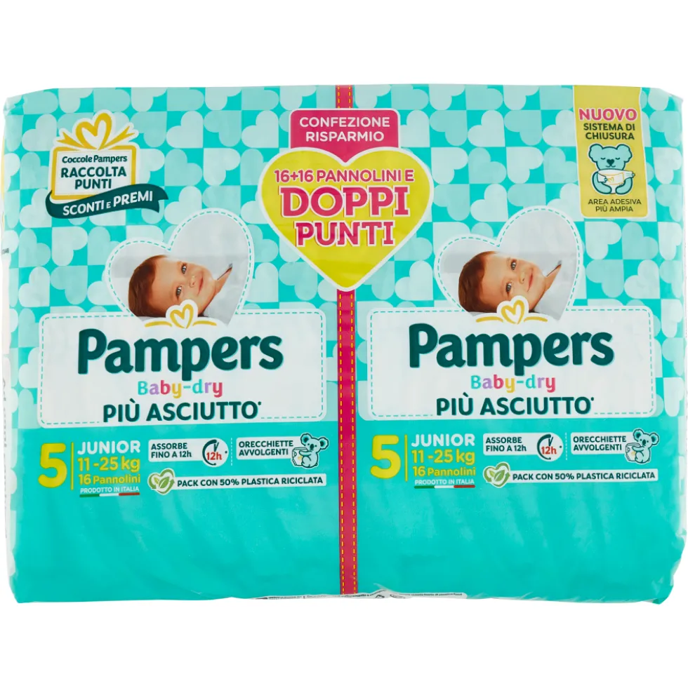 Pampers Baby Dry Duo Taglia 5 Junior 32 Pannolini