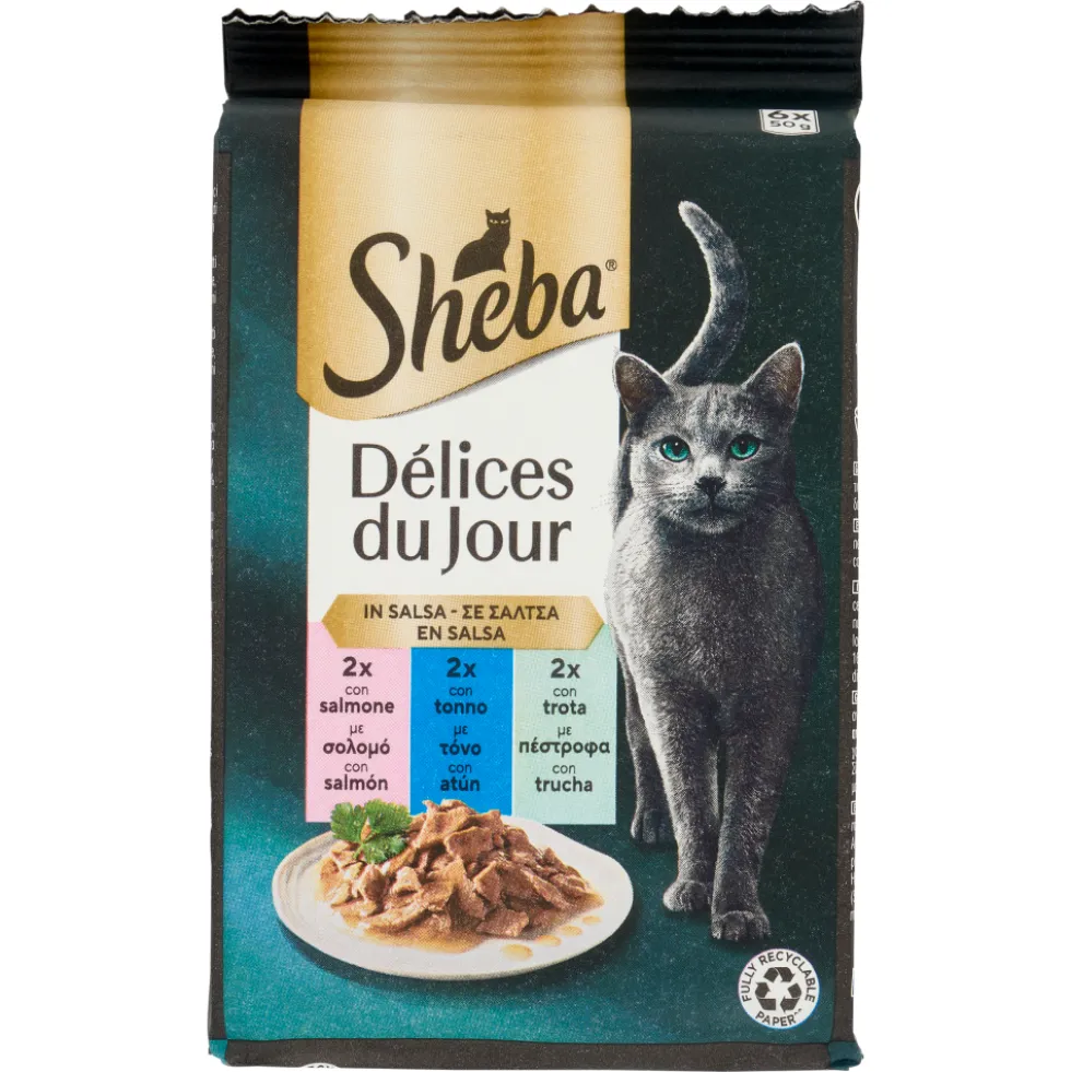 Sheba Délices du Jour Cibo Umido Gatto in Salsa con Salmone, Tonno e Trota 6 x 50 g