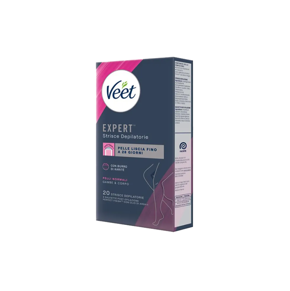 Veet Expert Strisce Corpo Pelli Normali 20 Strisce + Salviette Post-Epilazione con Olio D'Argan