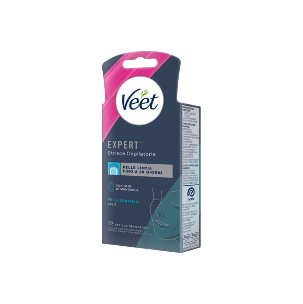 Veet Expert Strisce Viso Pelle Sensibile 12 Strisce + Salviette Post-Epilazione con Olio D'Argan