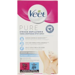 Veet Pure Strisce Depilatorie Ascelle 16 Pezzi + Salviette Post-Epilazione Idratanti