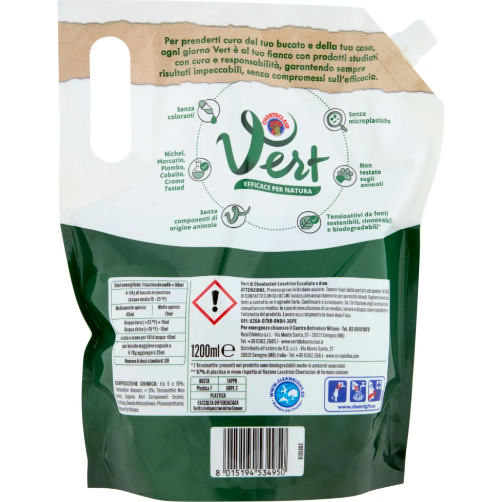 Vert di Chanteclair Ecodetergente Lavatrice Eucalipto e Aloe 1200 ml