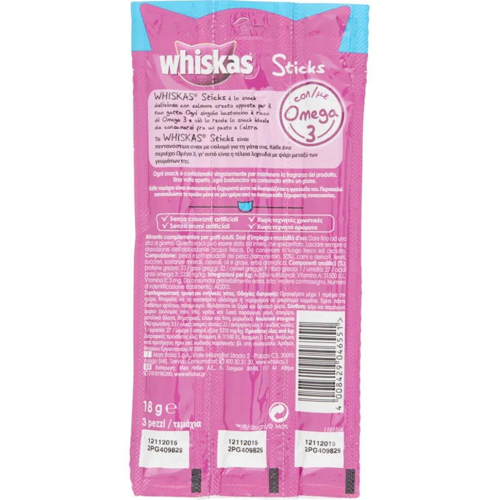 Whiskas Sticks Snack Gatto Ricco di Salmone 3 Pezzi 18 g