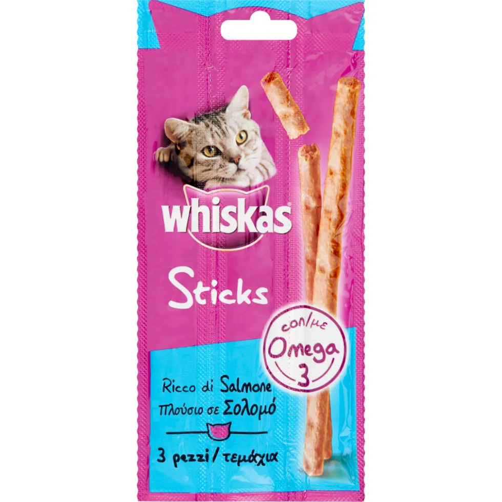 Whiskas Sticks Snack Gatto Ricco di Salmone 3 Pezzi 18 g